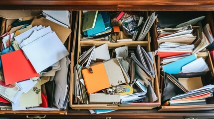 A junk drawer full of random documents, creating a chaotic and messy home environment.
