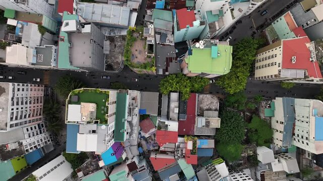 Aerial top down cityscape abot Mal&eacute;, Capital of Maldives in Indian ocean. Colorful houses. Crowded city. Typical asian city view. 