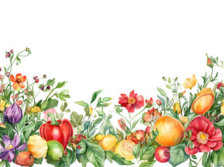 Watercolor painting of a vibrant summer harvest scene with fruits vegetables and flowers