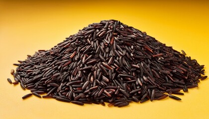 Fresh healthy wild black rice on yellow background