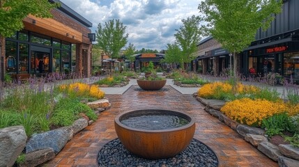Upscale outdoor mall fountain, shops, landscaping