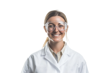 Smiling female scientist wearing safety goggles and lab coat isolated on white or transparent, PNG