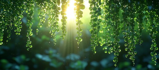 Fototapeta premium Sunlit green vines, forest background, nature wallpaper