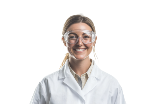 Smiling female scientist wearing safety goggles and lab coat isolated on white or transparent, PNG