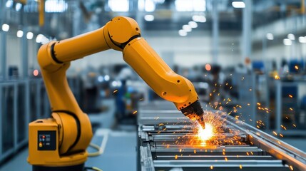 A robotic arm performs precision welding in a modern factory, showcasing automation and innovation in manufacturing processes.