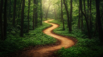 Obraz premium Winding Forest Path Through Lush Green Trees