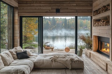Fototapeta premium Modern lake house interior design serene waterfront high fidelity aesthetics cozy environment nature-inspired view