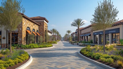 Upscale outdoor mall sunny day shopping plaza