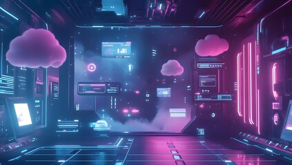 Futuristic Tech Room with Cloud Computing Interface