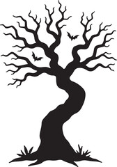Silhouette of a Spooky Tree with Bats Flying in the Night Sky | Halloween Tree and Bat Silhouette Vector | Happy Halloween vector Black tree silhouette on white background  