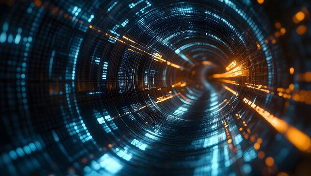 Futuristic tunnel with glowing lines, digital data