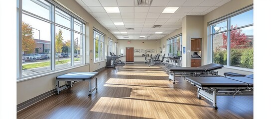 Sunny rehab center gym; exercise equipment, treatment tables. Healthcare