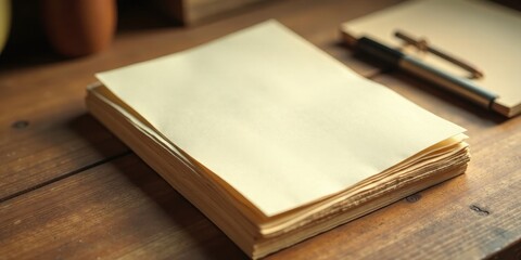 Blank cream pages in an aged book rest on a rustic wooden surface, near a pen and notepad, ready for inspirational writing or sketching.