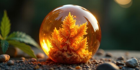 Amber Sphere Encapsulating a Golden, Intricate, Branch-like Formation Resembling a Miniature Tree, Resting on a Bed of Small Pebbles and Greenery