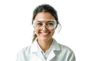 Smiling female scientist wearing safety goggles and lab coat isolated on white or transparent, PNG