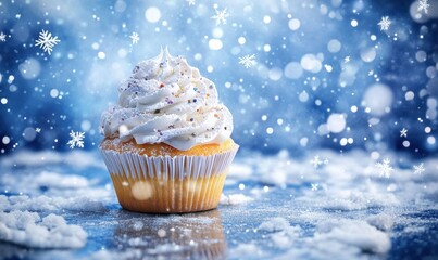 Winter cupcake, snow background, festive dessert, holiday treat, food photography, for website or card