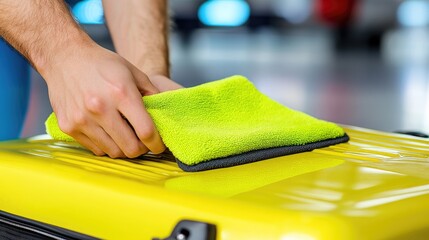 A person scrubbing the edges of a suitcase with a microfiber cloth.