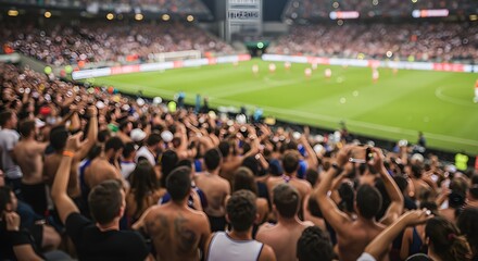 Blurred background of a vibrant scene of enthusiastic fans cheering in a packed stadium during a thrilling sports match, capturing the joy and unity of the moment.