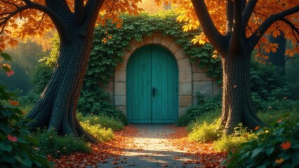 Fototapeta premium Autumnal Pathway to a Teal Door in a Stone Archway Framed by Majestic Trees