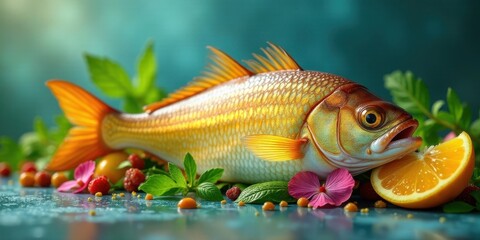 Obraz premium A vibrant golden fish rests on a cool surface, surrounded by lush greenery, ripe berries, and a juicy citrus slice.