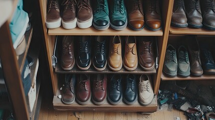 A shoe rack filled with shoes neatly placed, next to a messy floor.