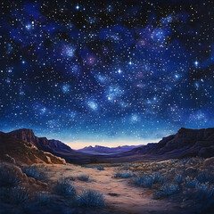 Night's Celestial Canvas: A breathtaking scene unfolds under a mesmerizing tapestry of stars, with majestic mountains framing a serene desert landscape.