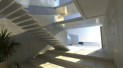 Obraz premium Modern Minimalist Architecture: Concrete Staircase Leading to Ocean View