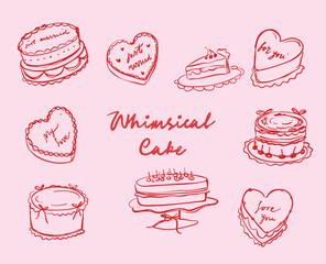 Set of whimsical hand-drawn wedding ceremony cake illustration in trendy vintage style
