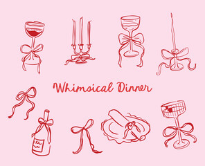 Set of whimsical hand-drawn wedding ceremony illustration in trendy vintage style
