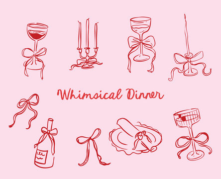 Set of whimsical hand-drawn wedding ceremony illustration in trendy vintage style
