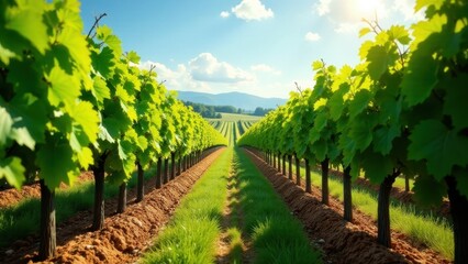 Fototapeta premium A picturesque vineyard bathed in sunlight, rows of vibrant green vines extending towards a distant horizon, showcasing the beauty of agricultural landscapes.
