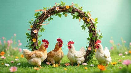 A whimsical springtime scene featuring four hens nestled within a vibrant floral wreath, symbolizing the joy and renewal of the season.