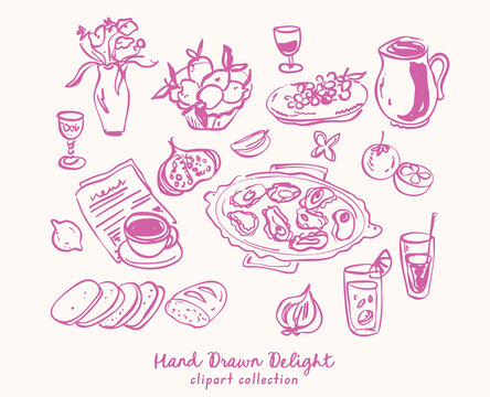 Beautiful collection of hand drawn vector whimsical style food illustration