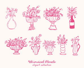 Beautiful collection of hand drawn vector whimsical style floralillustration