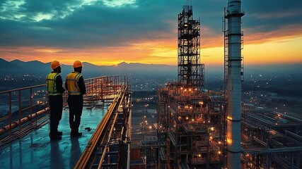 Industrial Dawn: Two industrial workers stand silhouetted against a breathtaking sunrise, overlooking a vast, gleaming refinery, capturing the essence of industry, resilience.