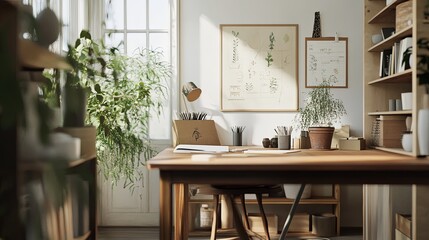 Fototapeta premium Scandinavian-style workspace with a wooden desk, simple decor, and greenery