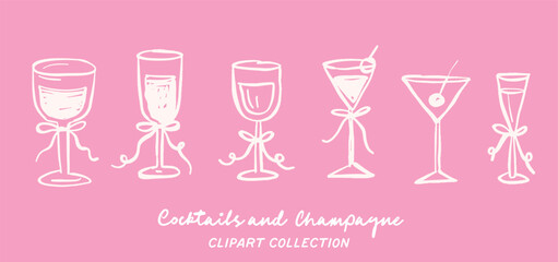 hand drawn collection set of wine glass and champaggne