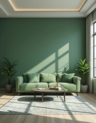 Serene green interior with sofa, indoor plants, and sunlight casting shadows