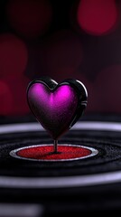 A shiny purple heart on a vibrant red background, symbolizing love and affection.