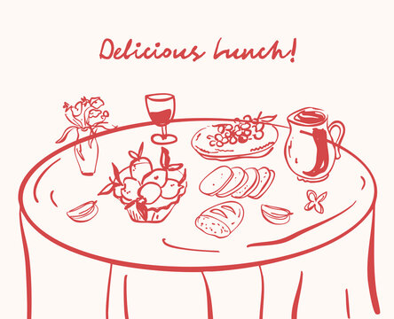 Set of whimsical hand-drawn wedding ceremony food illustration in trendy vintage style
