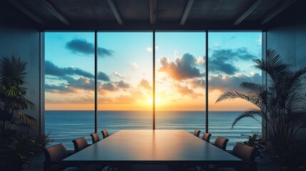 Scenic virtual meeting backdrop with ocean view and expansive windows