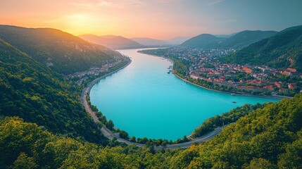 Fototapeta premium Sunset over river bend, town nestled in valley, scenic landscape, travel photography