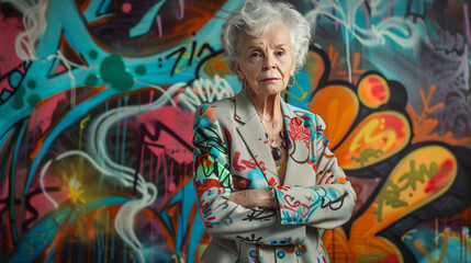 Fototapeta premium An older woman exudes confidence in a power suit covered in bold graffiti art, symbolizing rebellion, creativity, and energy at any age. She stands tall, radiating style, strength, and individuality