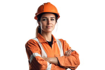 Confident female construction worker wearing safety helmet and uniform isolated on white or transparent, PNG