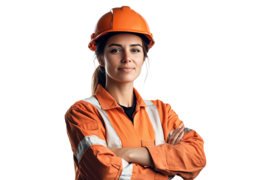 Confident female construction worker wearing safety helmet and uniform isolated on white or transparent, PNG