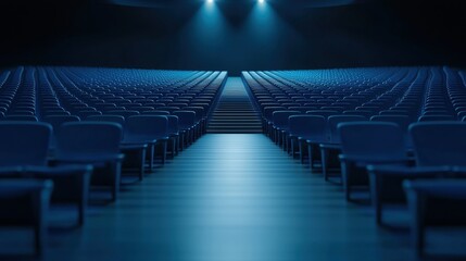 Fototapeta premium Empty Stadium Seat Empty stadium section captured from a high perspective, rows of seats forming a symmetrical, repeating pattern in a quiet venue.