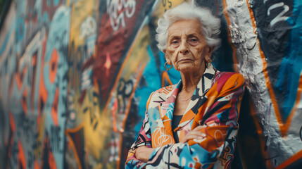 Naklejka premium An older woman exudes confidence in a power suit covered in bold graffiti art, symbolizing rebellion, creativity, and energy at any age. She stands tall, radiating style, strength, and individuality