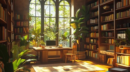 Study Environment: A serene study space with plants, natural light, and minimal distractions.