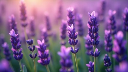 Obraz premium A field of lavender blossoms bathed in the warm glow of sunrise, delicate purple flowers swaying gently in a soft breeze, creating a serene and tranquil atmosphere.