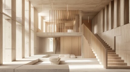 Fototapeta premium Modern Minimalist Architecture: A Serene Wooden Structure with Concrete Accents